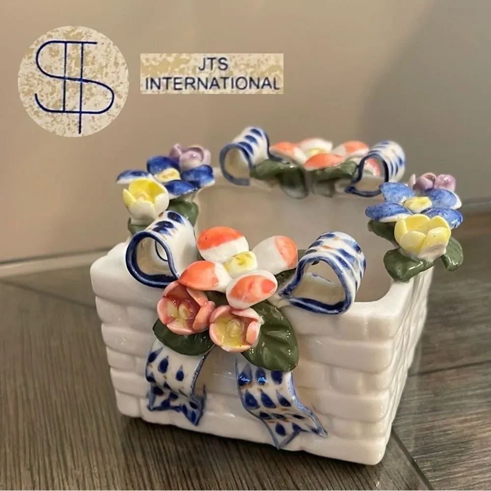 White Porcelain Square Flower Basket Bright Applied Capodimonte Flowers Ribbons